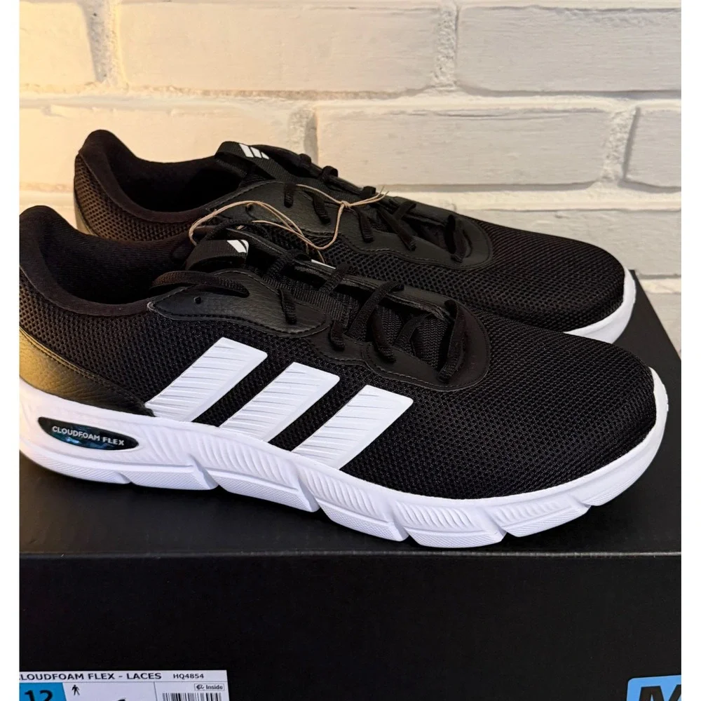 NWT Adidas Cloudfoam Flex Laces Mens 12 Fit Black White Sneakers HQ4854 Classic